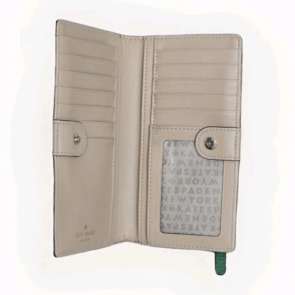 Kate Spade New York Darcy Slim Bifold Wallet Designer Green Leather Snap Zipper